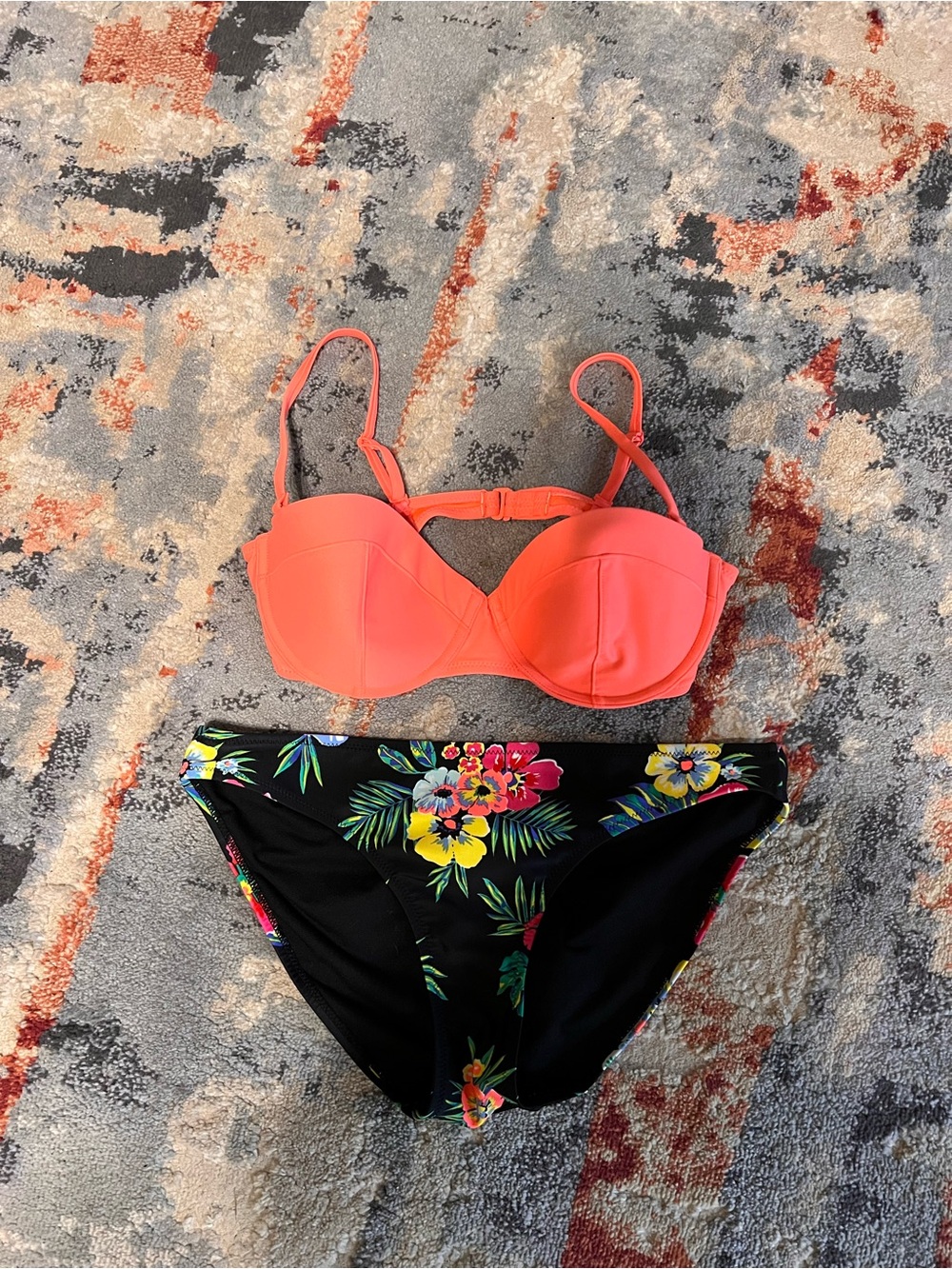 Old Navy Coral Bikini Top with Black Floral Bottoms